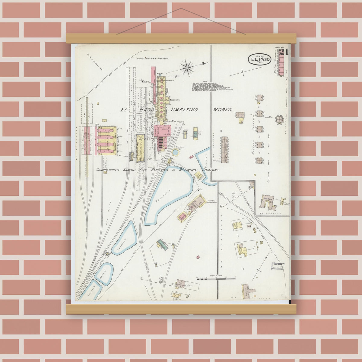 Old map wall art mockup — magnetic wood frame on brick wall — Sanborn Fire Insurance Map from El Paso, El Paso County, Texas (1893), Sheet #0021
