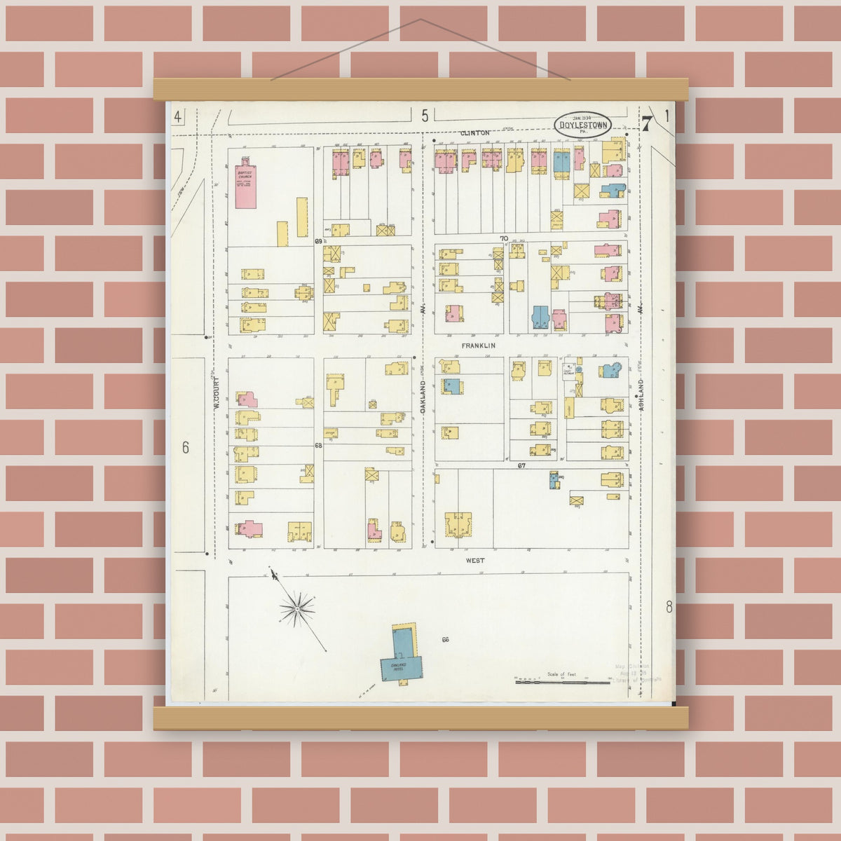 Old map wall art mockup — magnetic wood frame on brick wall — Sanborn Fire Insurance Map from Doylestown, Bucks County, Pennsylvania (1904), Sheet #0007