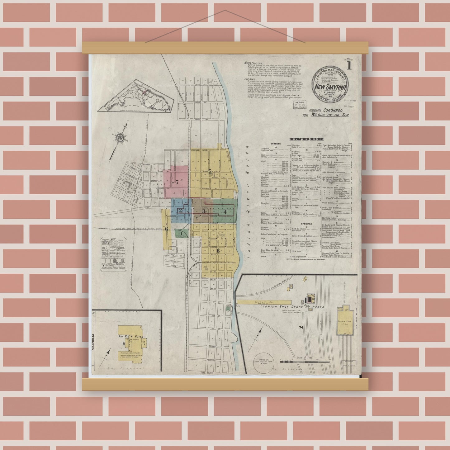 Old map wall art mockup — magnetic wood frame on brick wall — Sanborn Fire Insurance Map from New Smyrna, Valusia County, Florida (1916) - Complete Map Set