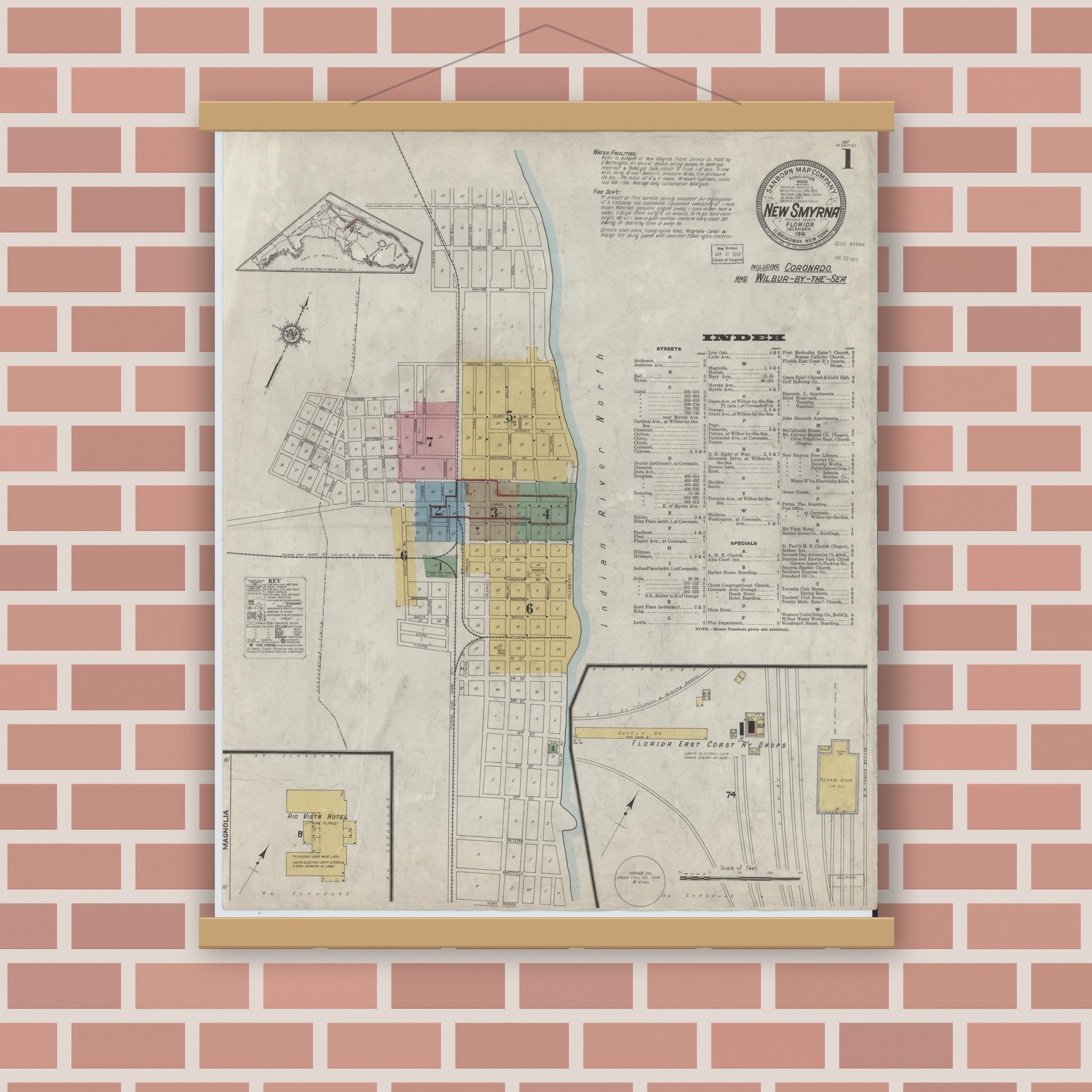 Old map wall art mockup — magnetic wood frame on brick wall — Sanborn Fire Insurance Map from New Smyrna, Valusia County, Florida (1916) - Complete Map Set