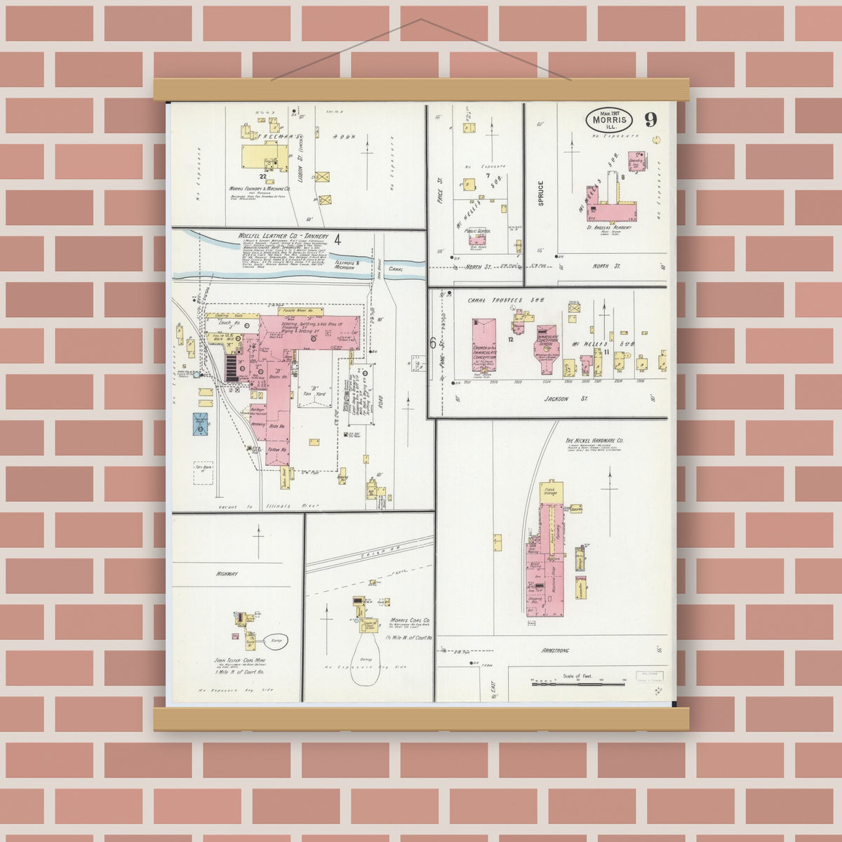 Old map wall art mockup — magnetic wood frame on brick wall — Sanborn Fire Insurance Map from Morris, Grundy County, Illinois (1907), Sheet #0009