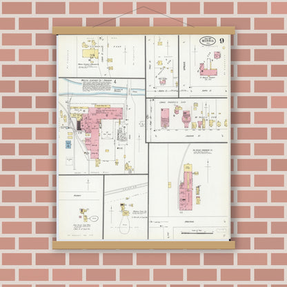 Old map wall art mockup — magnetic wood frame on brick wall — Sanborn Fire Insurance Map from Morris, Grundy County, Illinois (1907), Sheet #0009