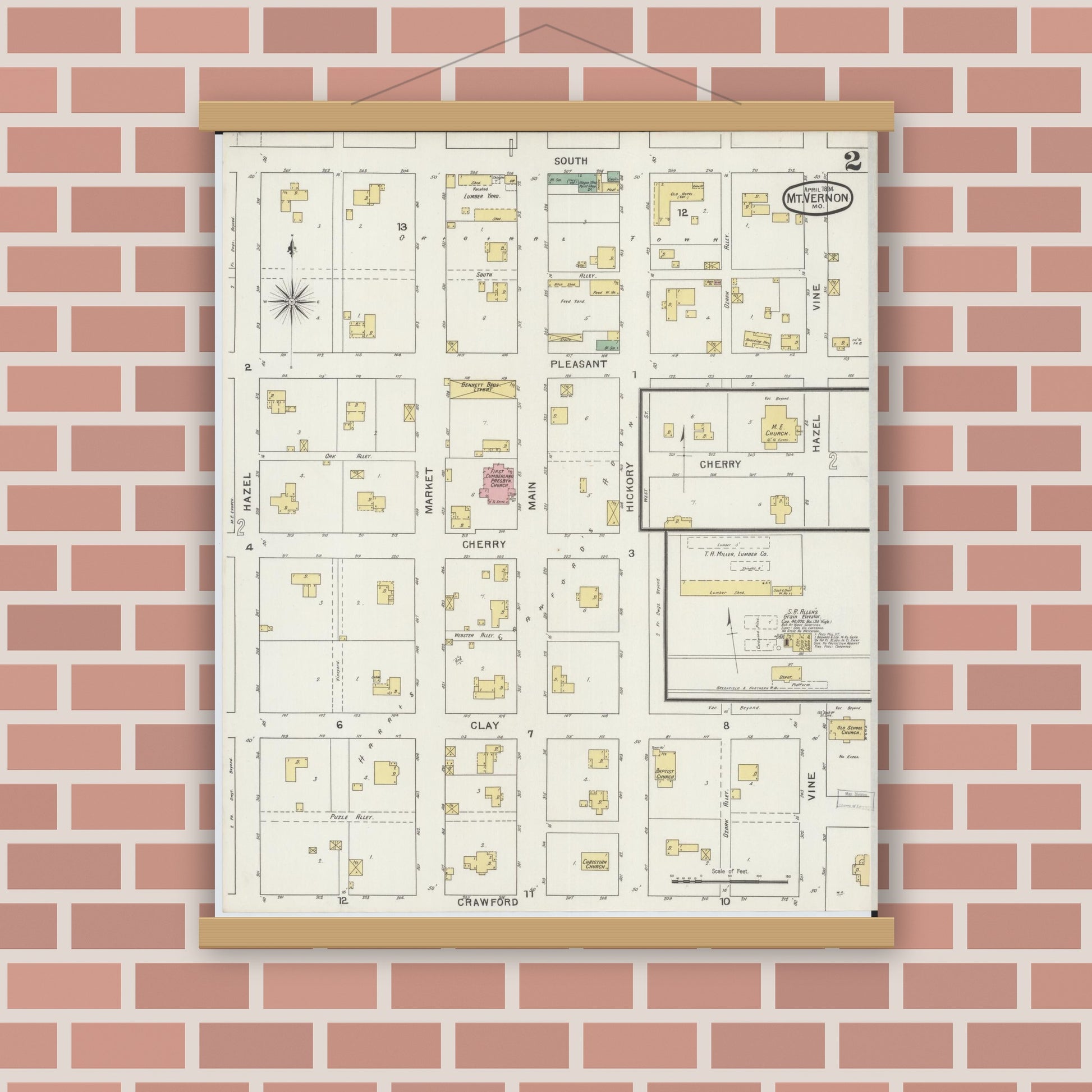 Old map wall art mockup — magnetic wood frame on brick wall — Sanborn Fire Insurance Map from Mount Vernon, Lawrence County, Missouri (1894), Sheet #0002
