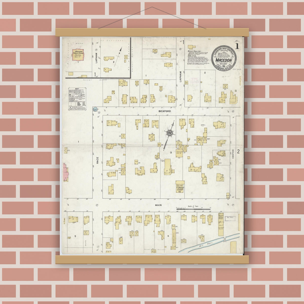 Old map wall art mockup — magnetic wood frame on brick wall — Sanborn Fire Insurance Map from Macedon, Wayne County, New York (1912), Sheet #0001