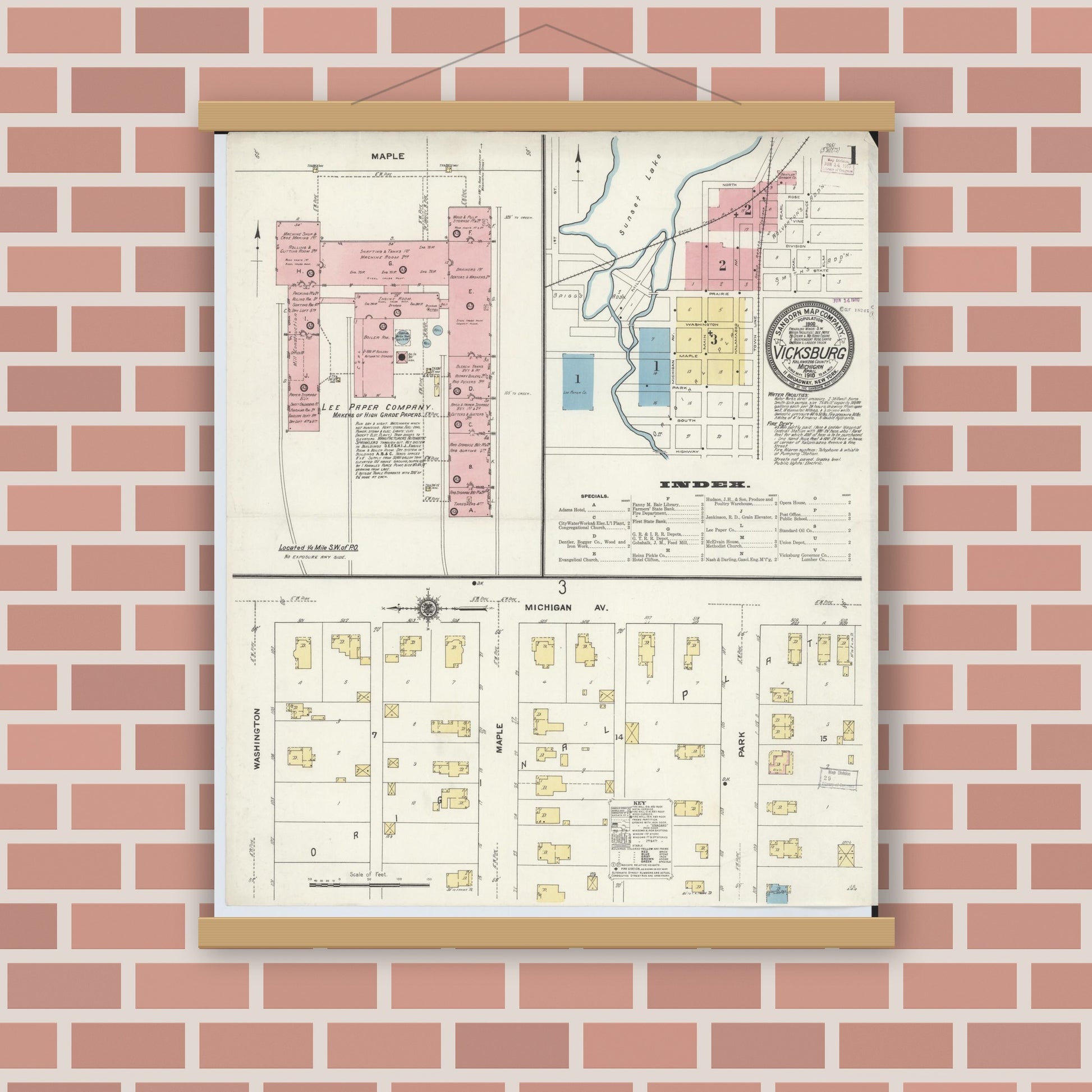 Old map wall art mockup — magnetic wood frame on brick wall — Sanborn Fire Insurance Map from Vicksburg, Kalamazoo County, Michigan (1910), Sheet #0001