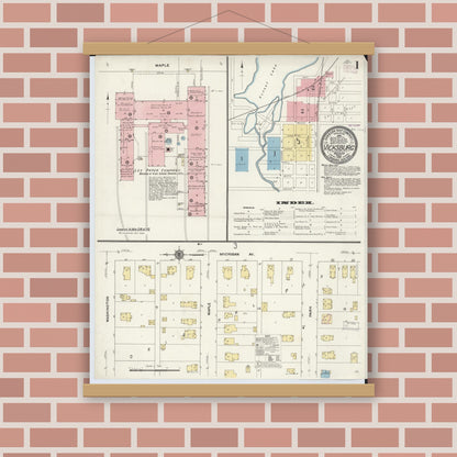Old map wall art mockup — magnetic wood frame on brick wall — Sanborn Fire Insurance Map from Vicksburg, Kalamazoo County, Michigan (1910), Sheet #0001