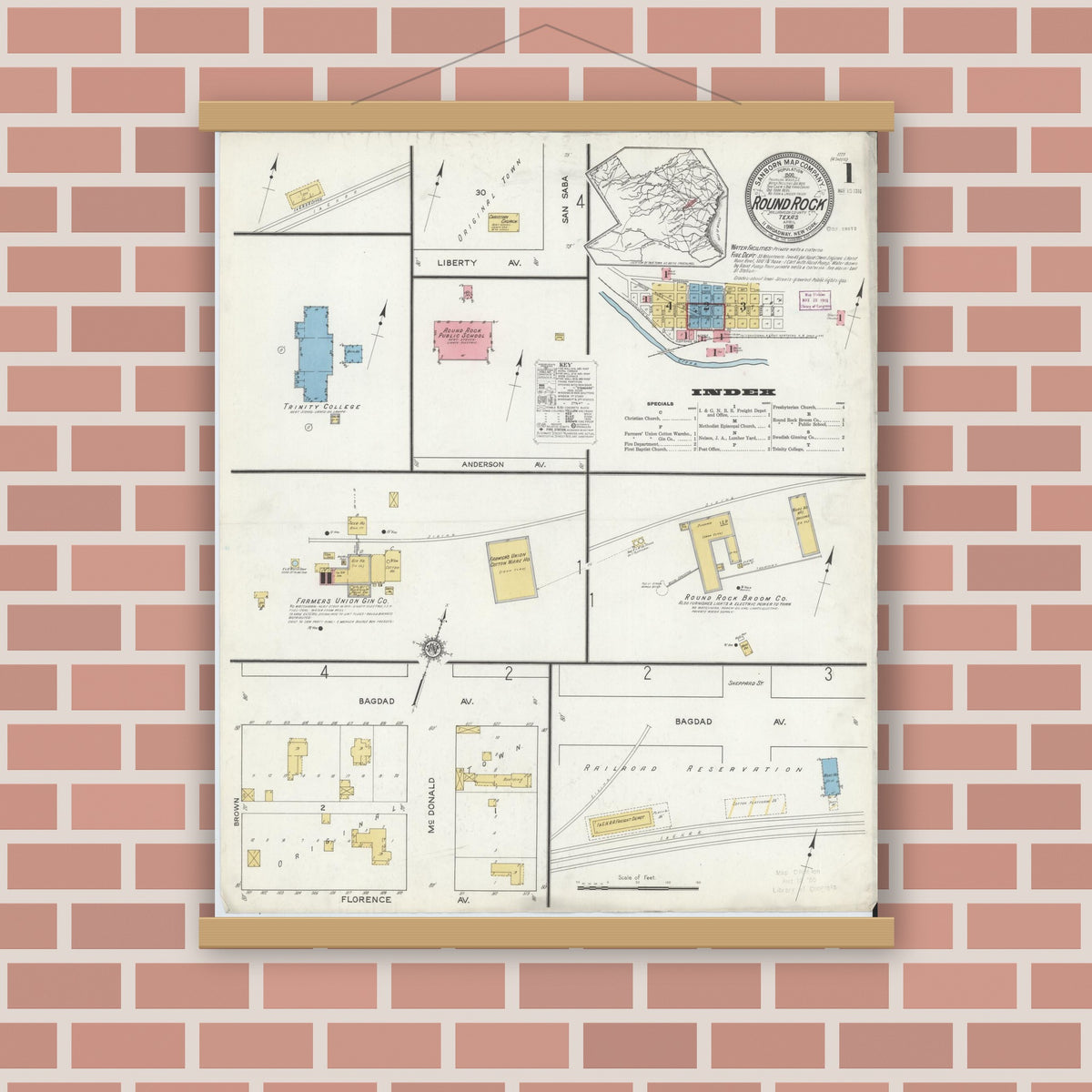 Old map wall art mockup — magnetic wood frame on brick wall — Sanborn Fire Insurance Map from Round Rock, Williamson County, Texas (1916) - Complete Map Set