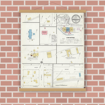 Old map wall art mockup — magnetic wood frame on brick wall — Sanborn Fire Insurance Map from Round Rock, Williamson County, Texas (1916) - Complete Map Set