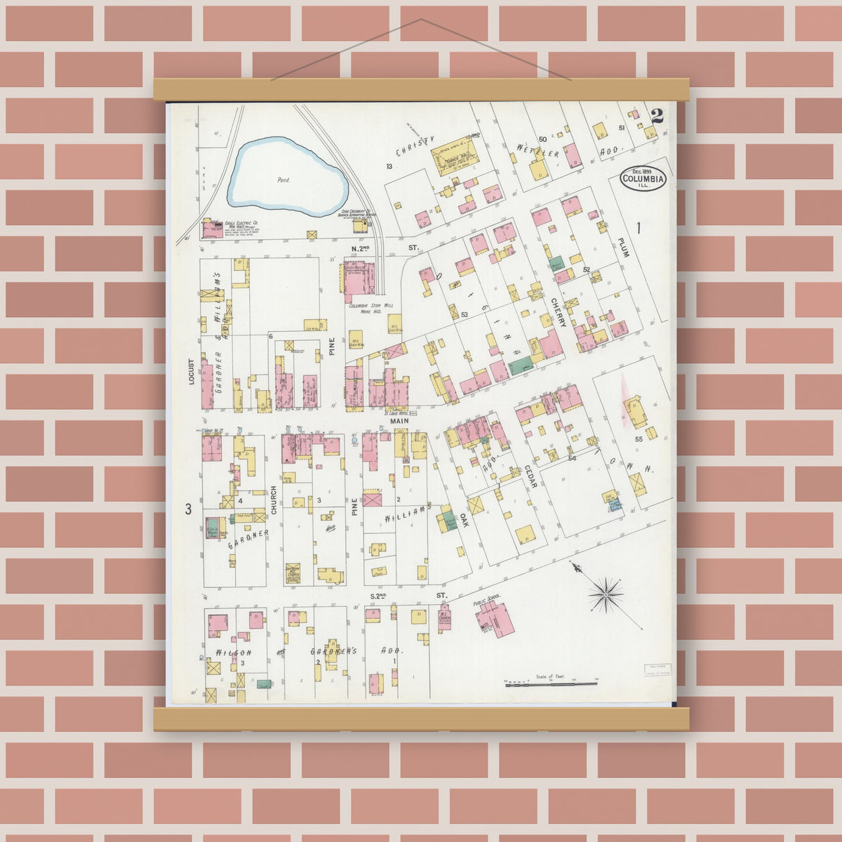 Old map wall art mockup — magnetic wood frame on brick wall — Sanborn Fire Insurance Map from Columbia, Monroe County, Illinois (1899), Sheet #0002