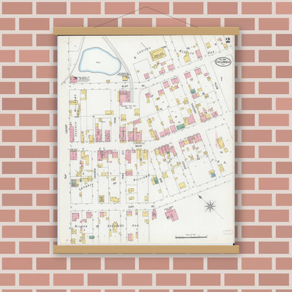 Old map wall art mockup — magnetic wood frame on brick wall — Sanborn Fire Insurance Map from Columbia, Monroe County, Illinois (1899), Sheet #0002