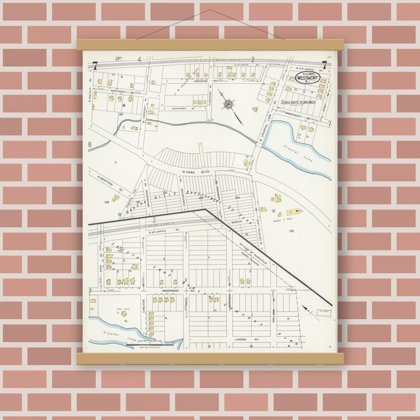Old map wall art mockup — magnetic wood frame on brick wall — Sanborn Fire Insurance Map from Westmont, Camden County, New Jersey (1925), Sheet #0007