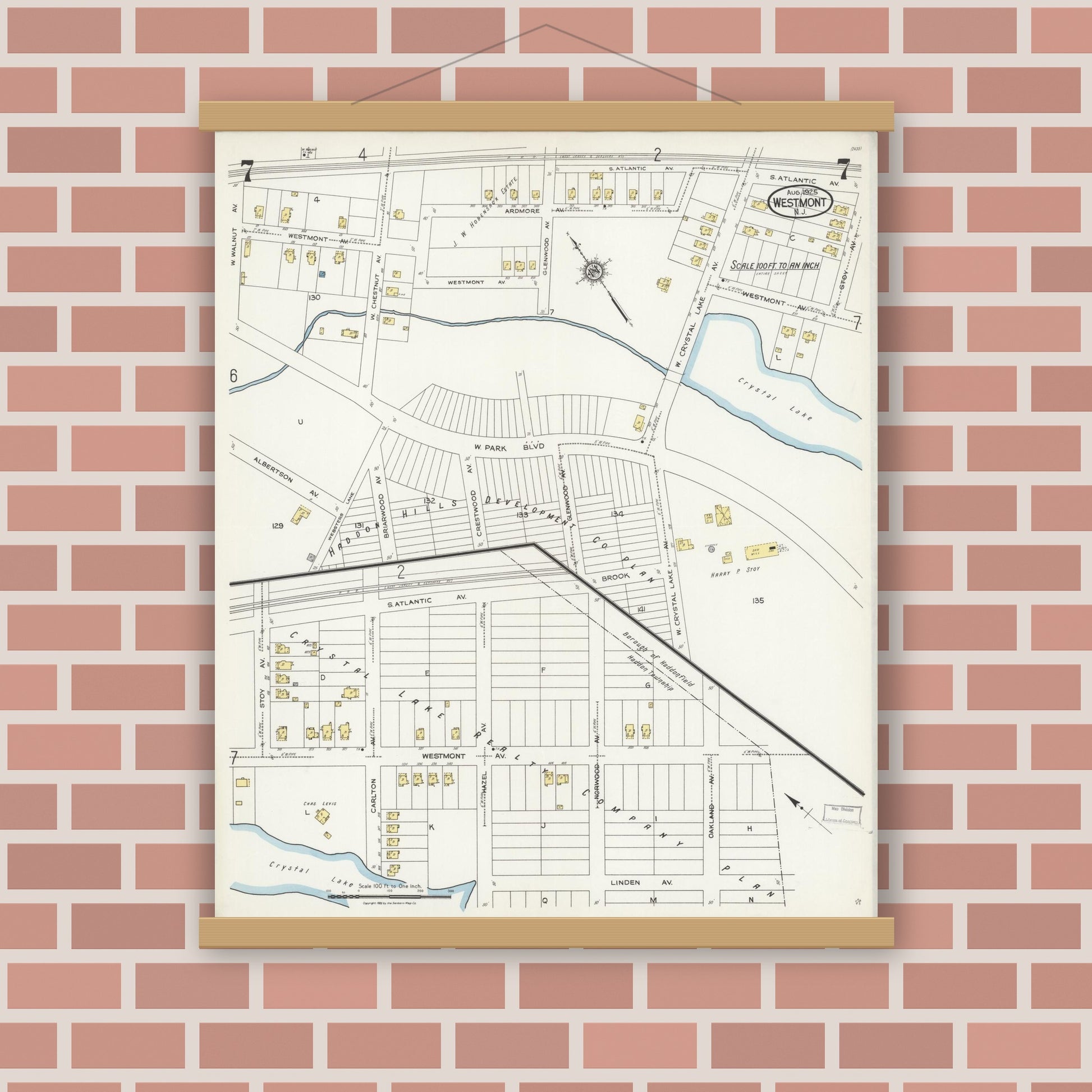Old map wall art mockup — magnetic wood frame on brick wall — Sanborn Fire Insurance Map from Westmont, Camden County, New Jersey (1925), Sheet #0007