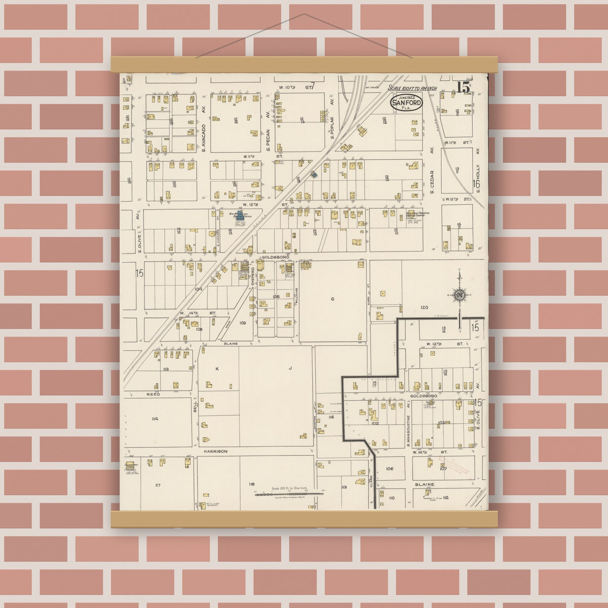 Old map wall art mockup — magnetic wood frame on brick wall — Sanborn Fire Insurance Map from Sanford, Seminole County, Florida (1922), Sheet #0015