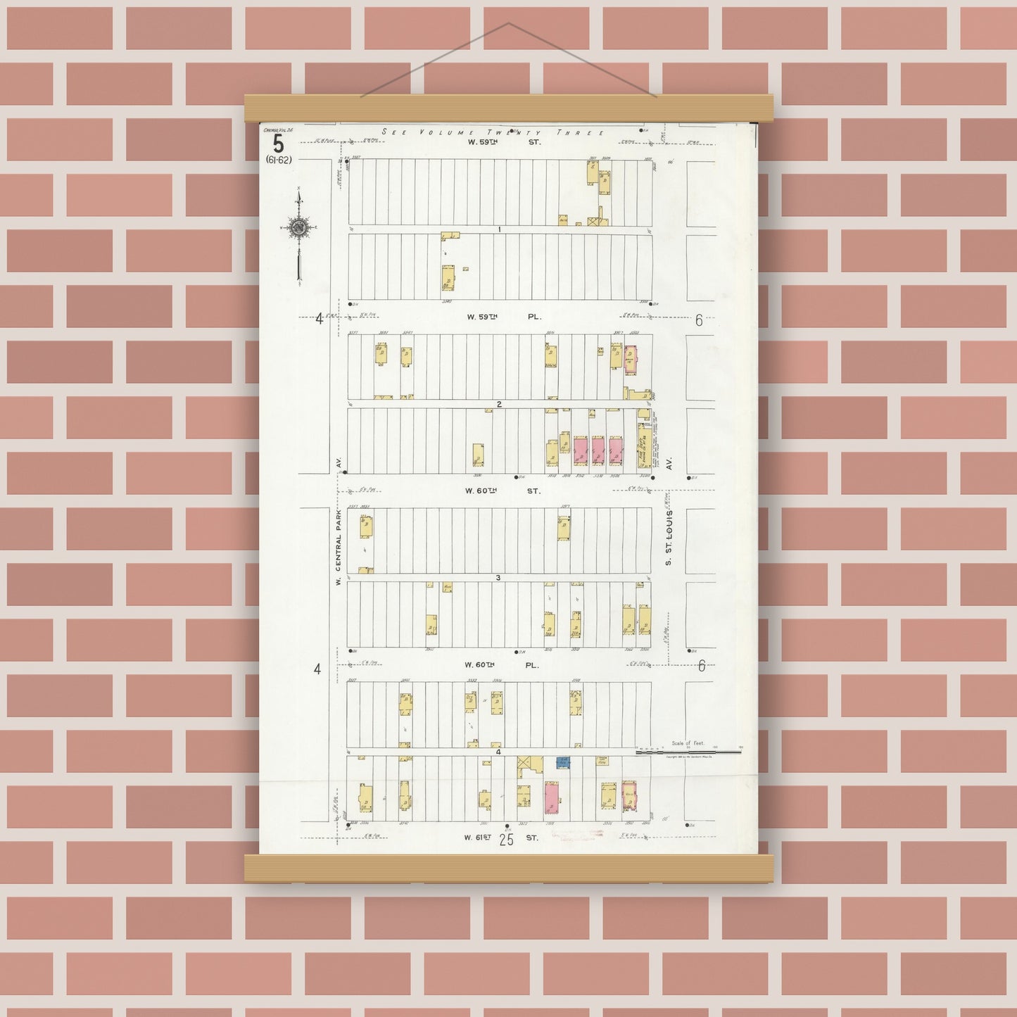 Old map wall art mockup — magnetic wood frame on brick wall — Sanborn Fire Insurance Map from Chicago, Cook County, Illinois (1920), Sheet #0005