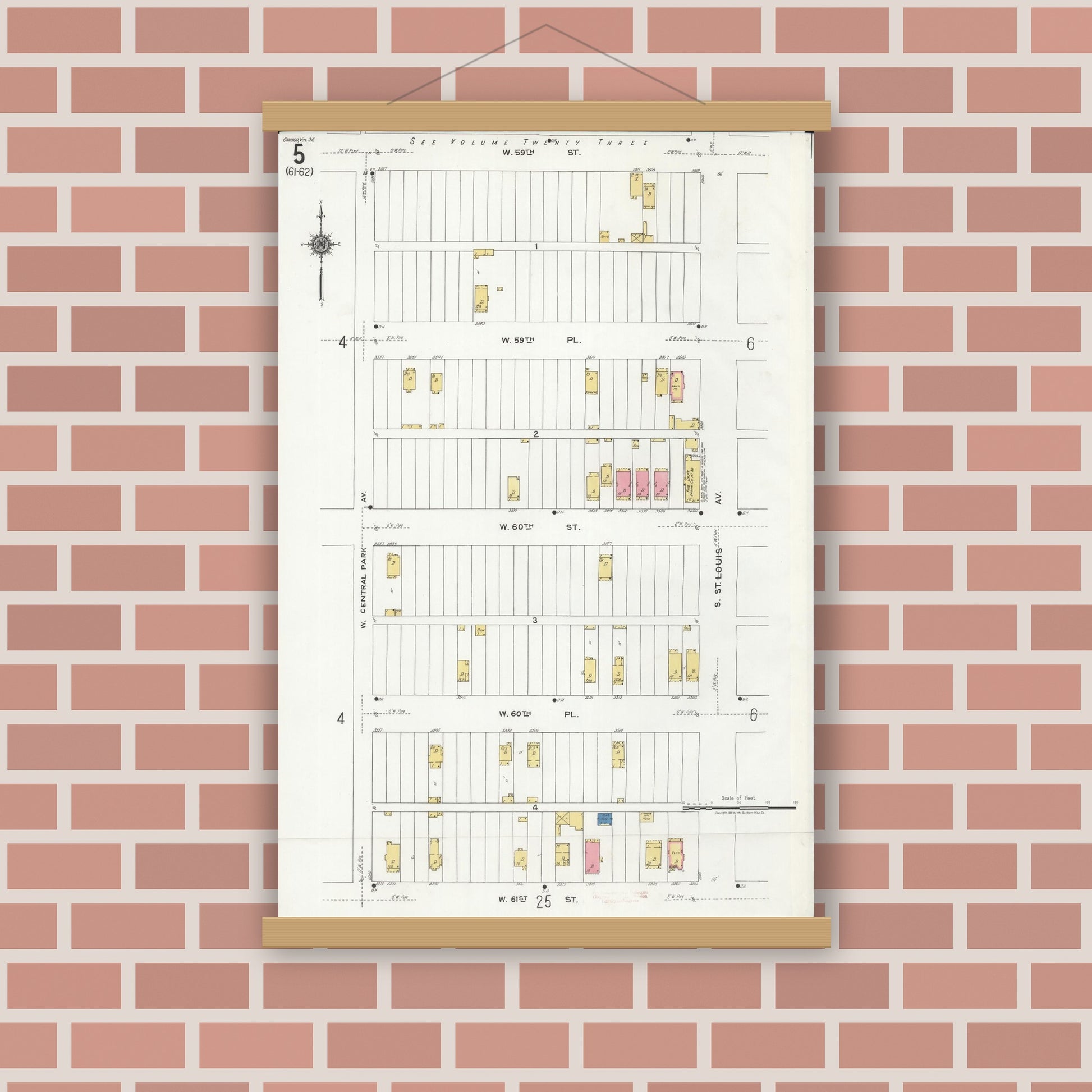 Old map wall art mockup — magnetic wood frame on brick wall — Sanborn Fire Insurance Map from Chicago, Cook County, Illinois (1920), Sheet #0005