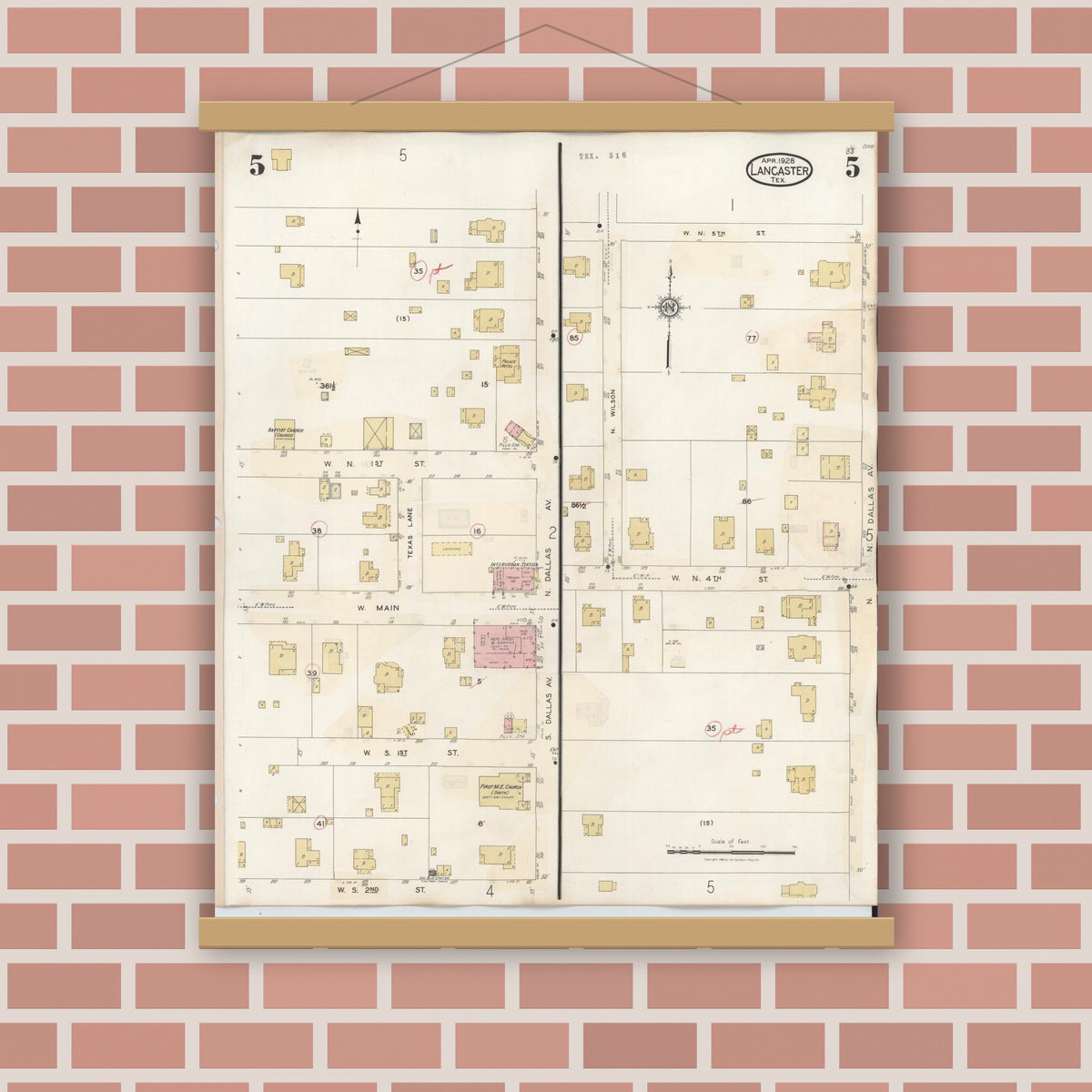 Old map wall art mockup — magnetic wood frame on brick wall — Sanborn Fire Insurance Map from Lancaster, Dallas County, Texas (1939), Sheet #0005