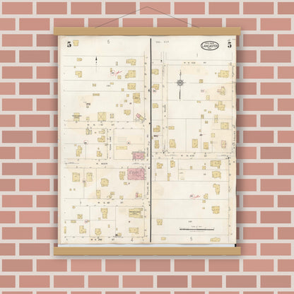 Old map wall art mockup — magnetic wood frame on brick wall — Sanborn Fire Insurance Map from Lancaster, Dallas County, Texas (1939), Sheet #0005