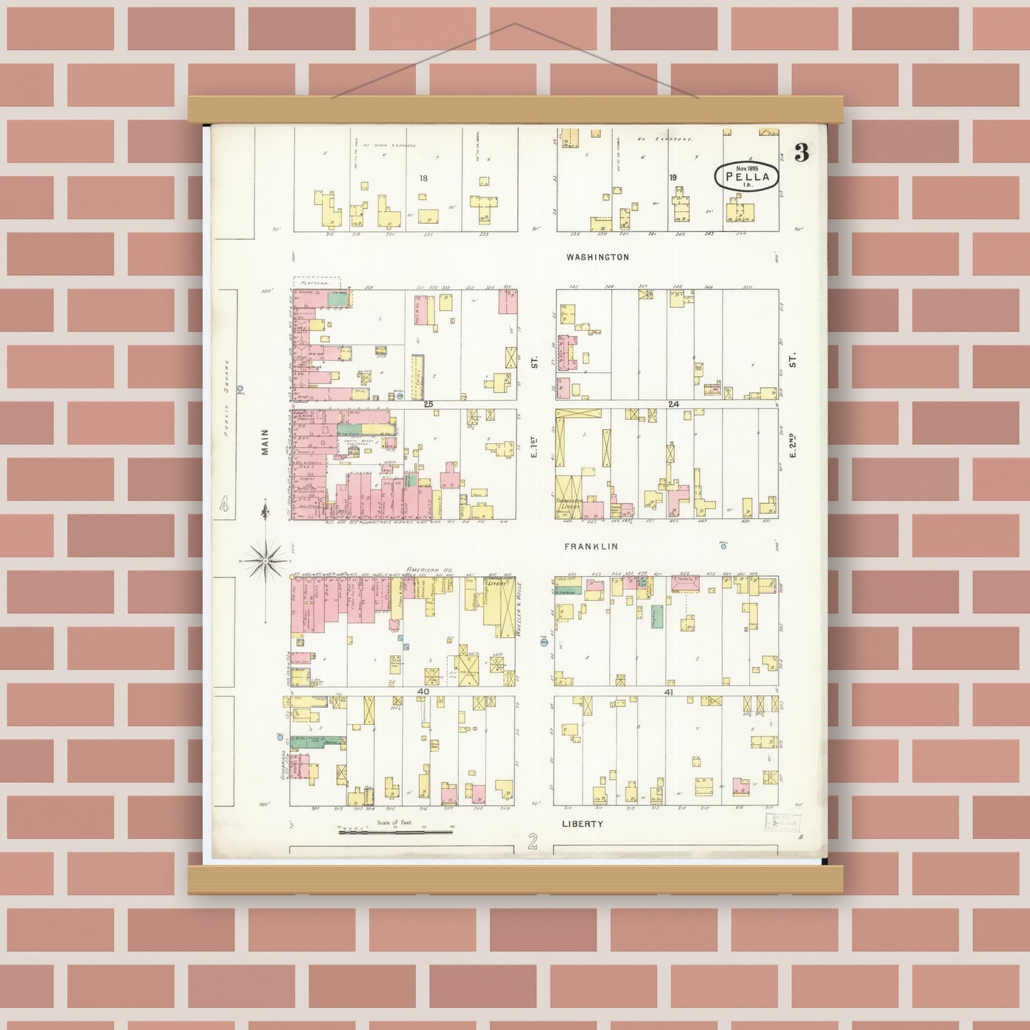 Old map wall art mockup — magnetic wood frame on brick wall — Sanborn Fire Insurance Map from Pella, Marion County, Iowa (1895), Sheet #0003