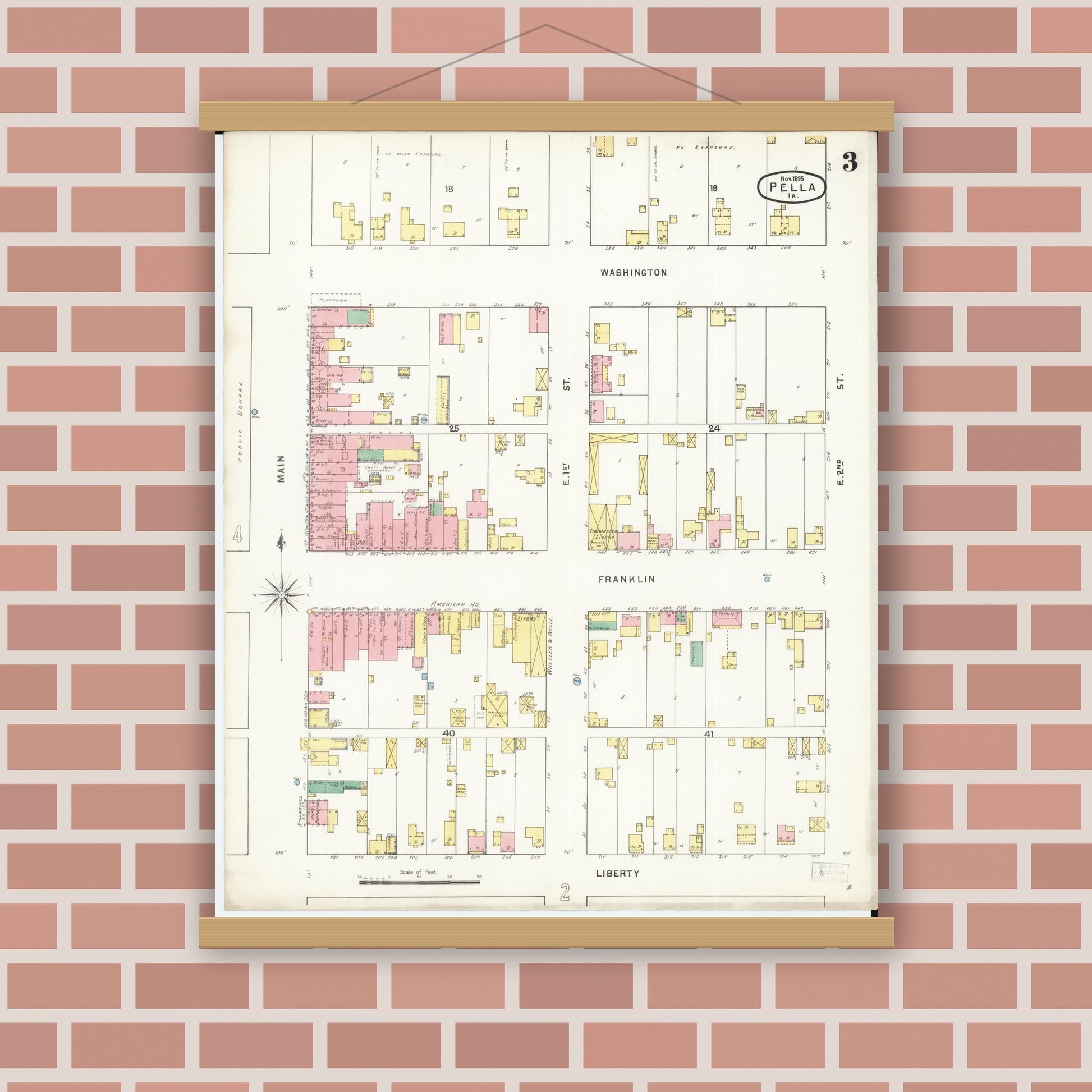 Old map wall art mockup — magnetic wood frame on brick wall — Sanborn Fire Insurance Map from Pella, Marion County, Iowa (1895), Sheet #0003