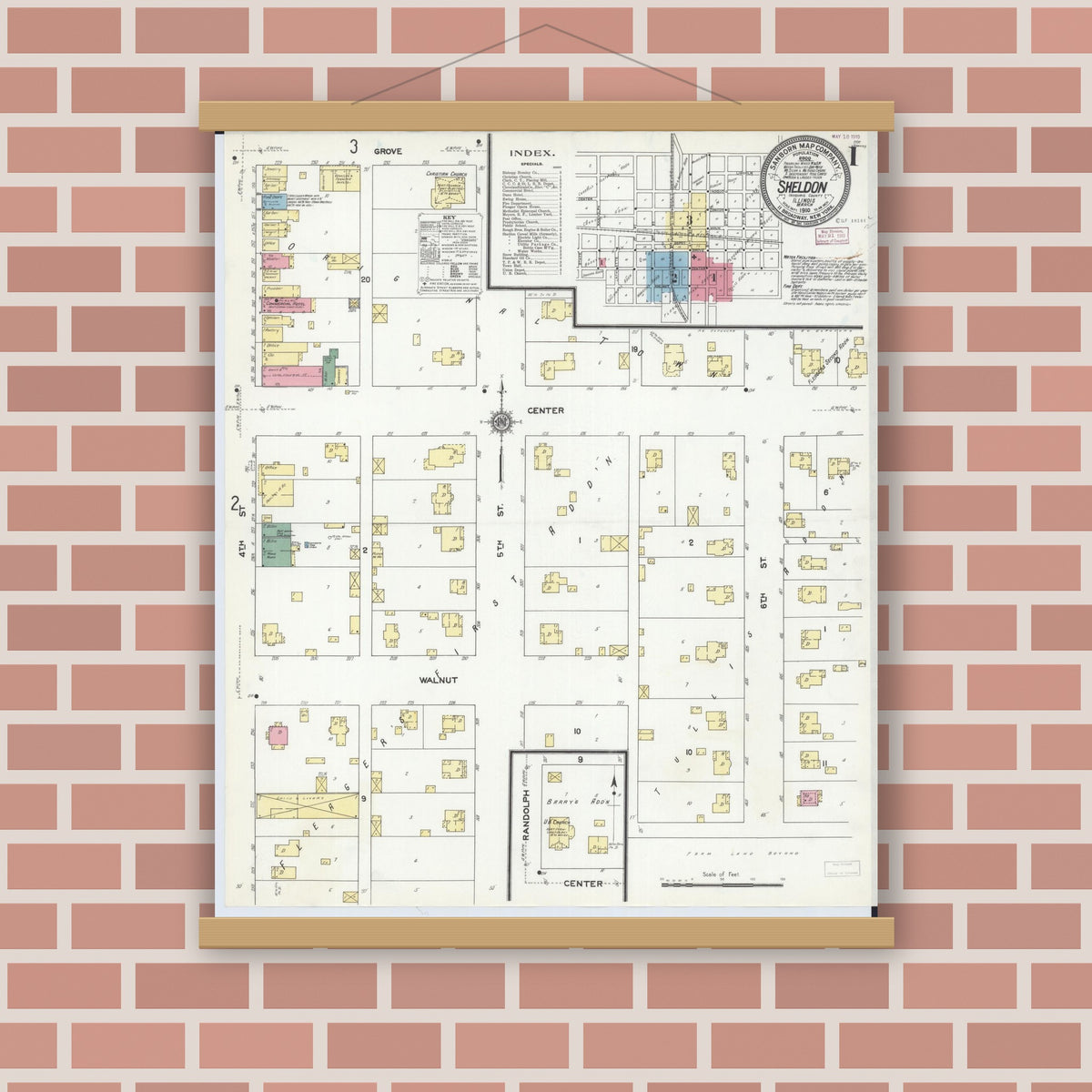Old map wall art mockup — magnetic wood frame on brick wall — Sanborn Fire Insurance Map from Sheldon, Iroquois County, Illinois (1910) - Complete Map Set