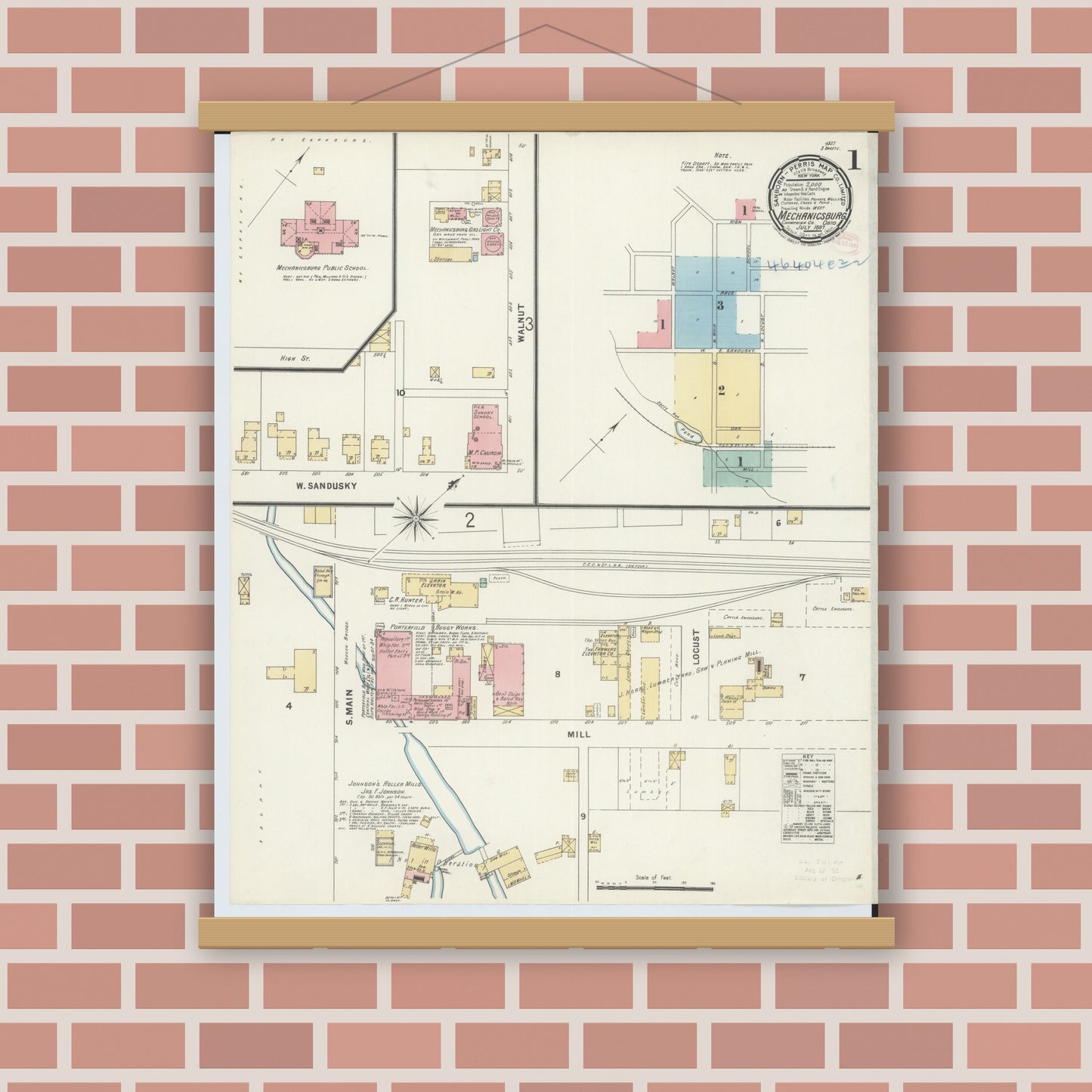 Old map wall art mockup — magnetic wood frame on brick wall — Sanborn Fire Insurance Map from Mechanicsburg, Champaign County, Ohio (1897) - Complete Map Set
