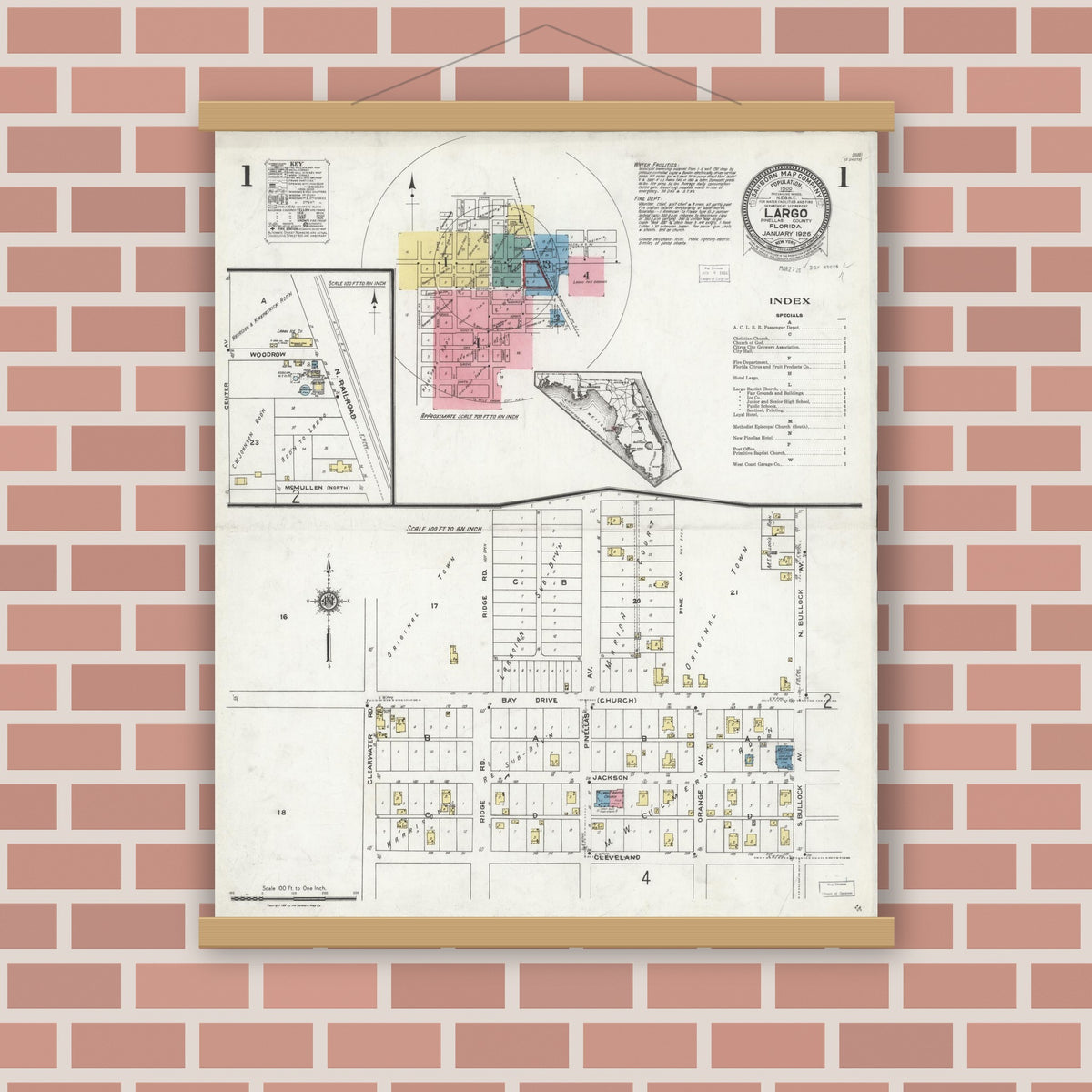 Old map wall art mockup — magnetic wood frame on brick wall — Sanborn Fire Insurance Map from Largo, Pinellas County, Florida (1926) - Complete Map Set
