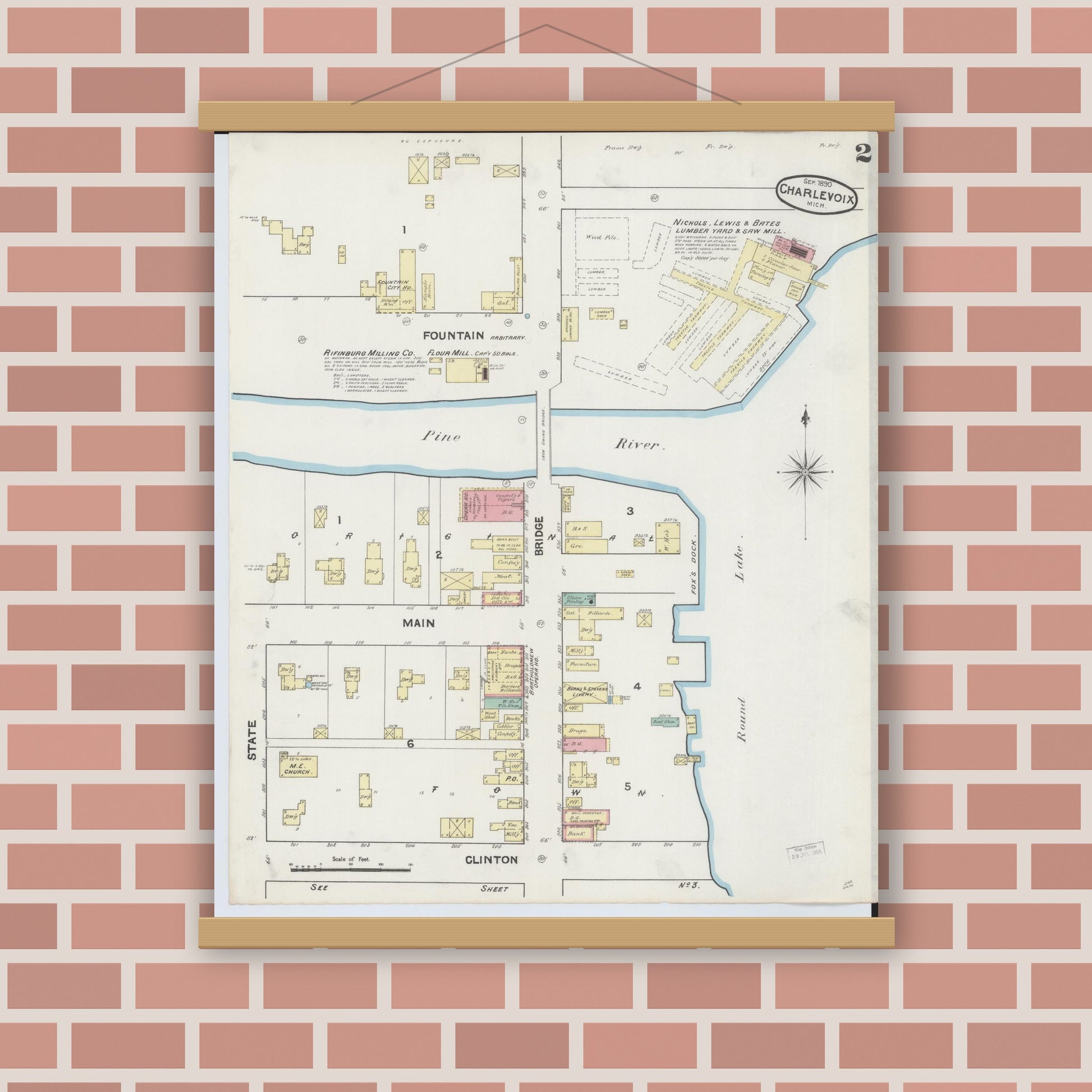 Old map wall art mockup — magnetic wood frame on brick wall — Sanborn Fire Insurance Map from Charlevoix, Charlevoix County, Michigan (1890), Sheet #0002