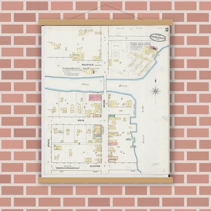 Old map wall art mockup — magnetic wood frame on brick wall — Sanborn Fire Insurance Map from Charlevoix, Charlevoix County, Michigan (1890), Sheet #0002