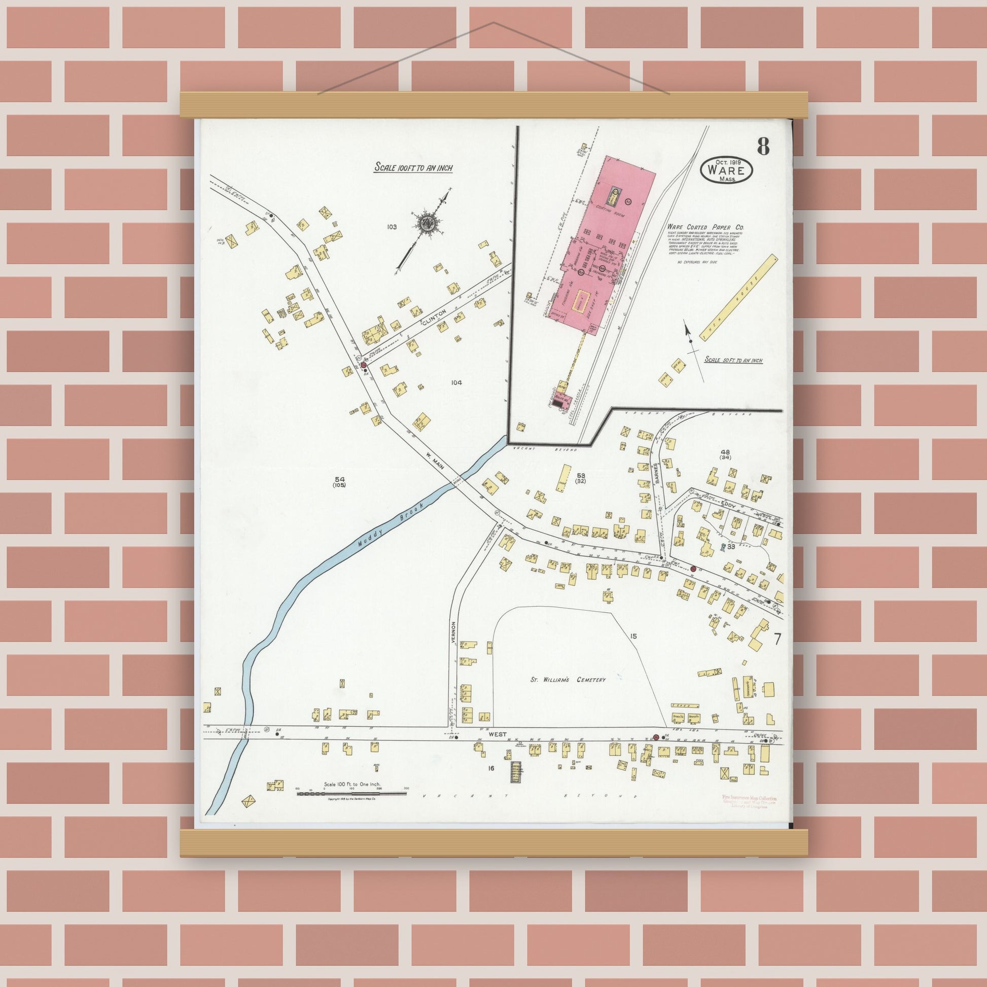 Old map wall art mockup — magnetic wood frame on brick wall — Sanborn Fire Insurance Map from Ware, Hampshire County, Massachusetts (1919), Sheet #0008