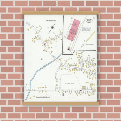 Old map wall art mockup — magnetic wood frame on brick wall — Sanborn Fire Insurance Map from Ware, Hampshire County, Massachusetts (1919), Sheet #0008