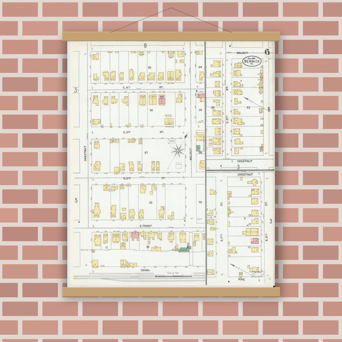 Old map wall art mockup — magnetic wood frame on brick wall — Sanborn Fire Insurance Map from Berwick, Columbia County, Pennsylvania (1901), Sheet #0006