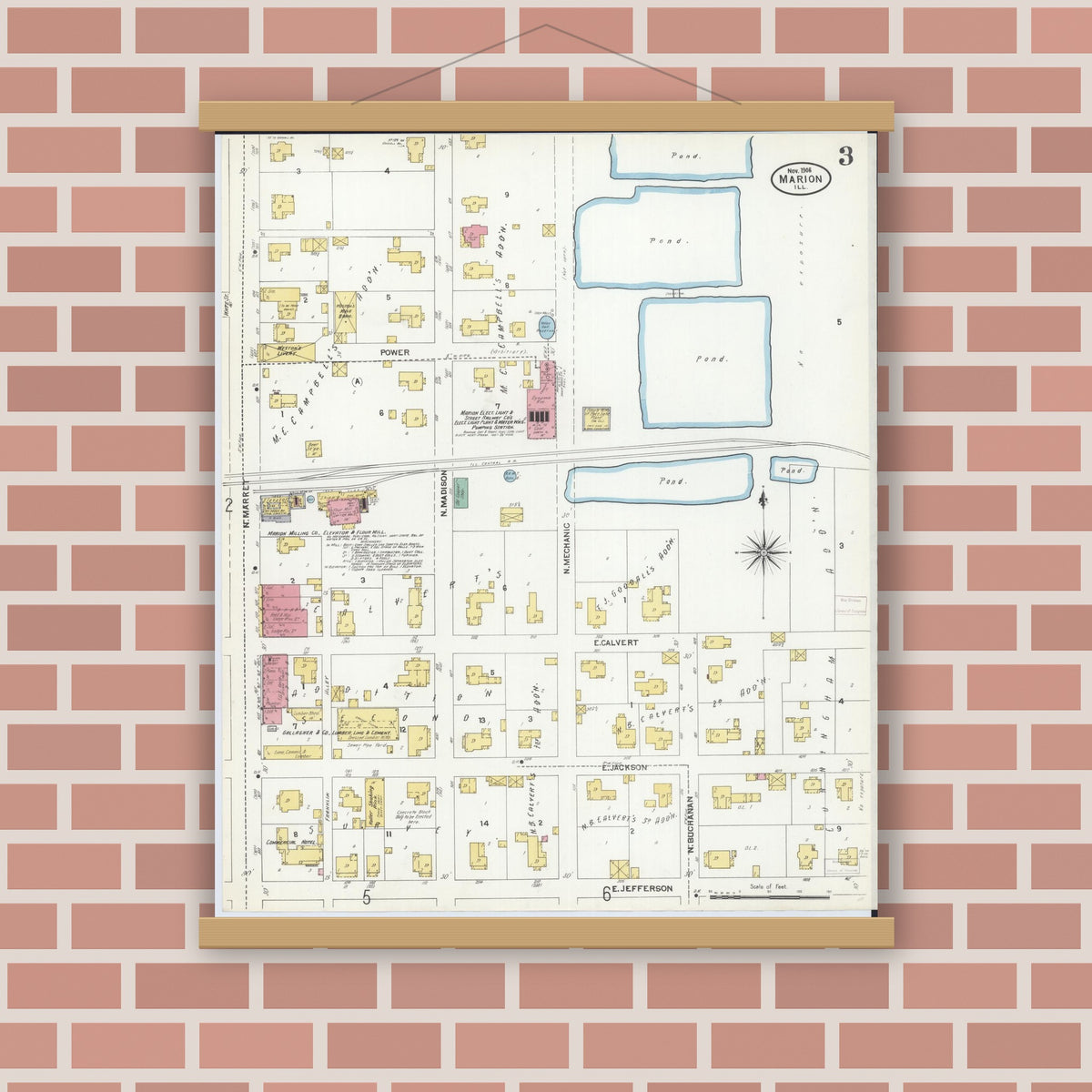Old map wall art mockup — magnetic wood frame on brick wall — Sanborn Fire Insurance Map from Marion, Williamson County, Illinois (1906), Sheet #0003