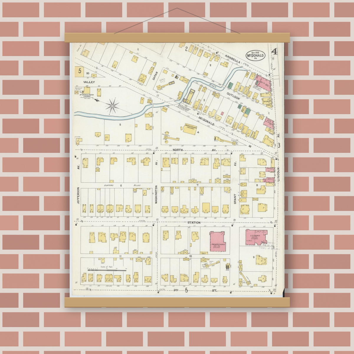 Old map wall art mockup — magnetic wood frame on brick wall — Sanborn Fire Insurance Map from McDonald, Washington County, Pennsylvania (1902), Sheet #0004