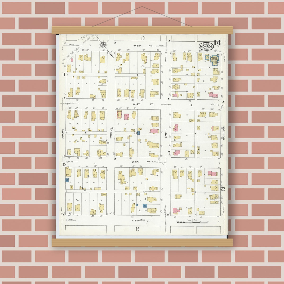 Old map wall art mockup — magnetic wood frame on brick wall — Sanborn Fire Insurance Map from Monroe, Monroe County, Michigan (1916), Sheet #0014