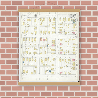 Old map wall art mockup — magnetic wood frame on brick wall — Sanborn Fire Insurance Map from Monroe, Monroe County, Michigan (1916), Sheet #0014