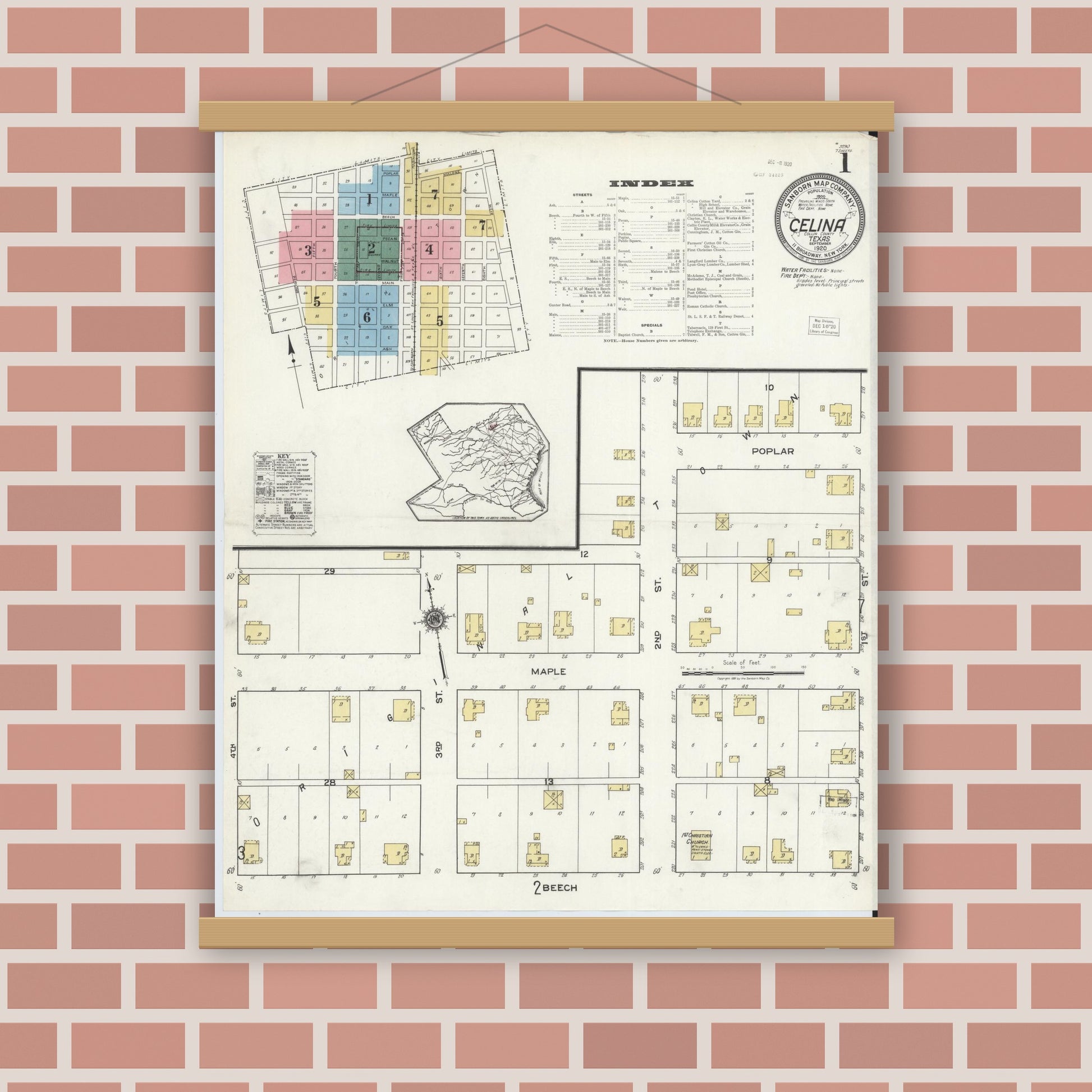 Old map wall art mockup — magnetic wood frame on brick wall — Sanborn Fire Insurance Map from Celina, Collin County, Texas (1920) - Complete Map Set