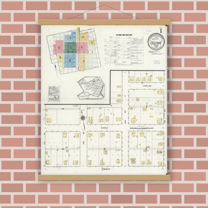 Old map wall art mockup — magnetic wood frame on brick wall — Sanborn Fire Insurance Map from Celina, Collin County, Texas (1920) - Complete Map Set
