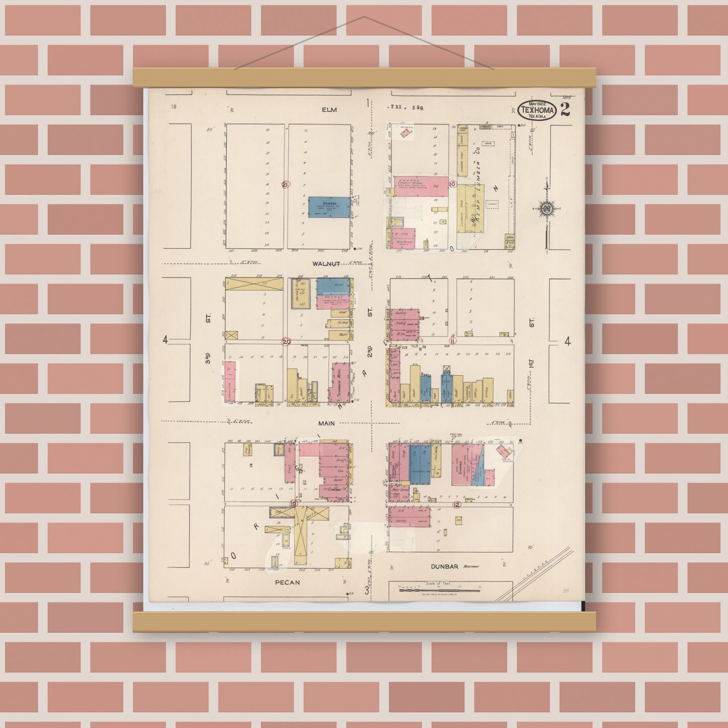 Old map wall art mockup — magnetic wood frame on brick wall — Sanborn Fire Insurance Map from Texhoma, Texas County, Oklahoma and Sherman County, Texas, Texas (1930), Sheet #0002