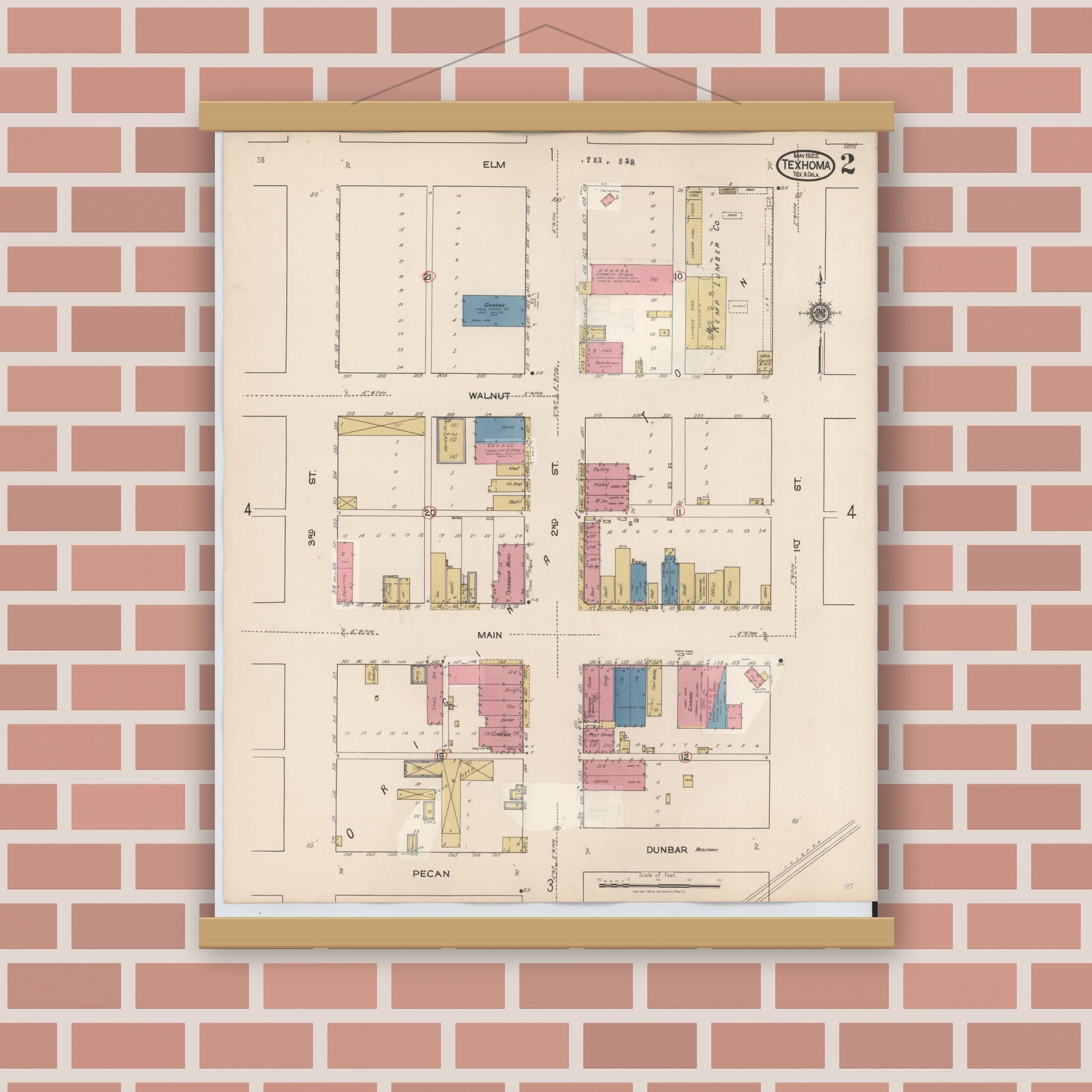 Old map wall art mockup — magnetic wood frame on brick wall — Sanborn Fire Insurance Map from Texhoma, Texas County, Oklahoma and Sherman County, Texas, Texas (1930), Sheet #0002