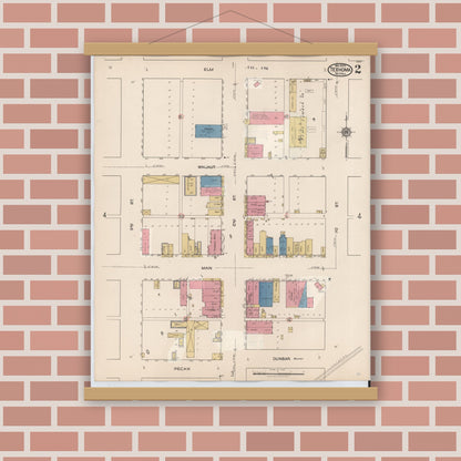 Old map wall art mockup — magnetic wood frame on brick wall — Sanborn Fire Insurance Map from Texhoma, Texas County, Oklahoma and Sherman County, Texas, Texas (1930), Sheet #0002