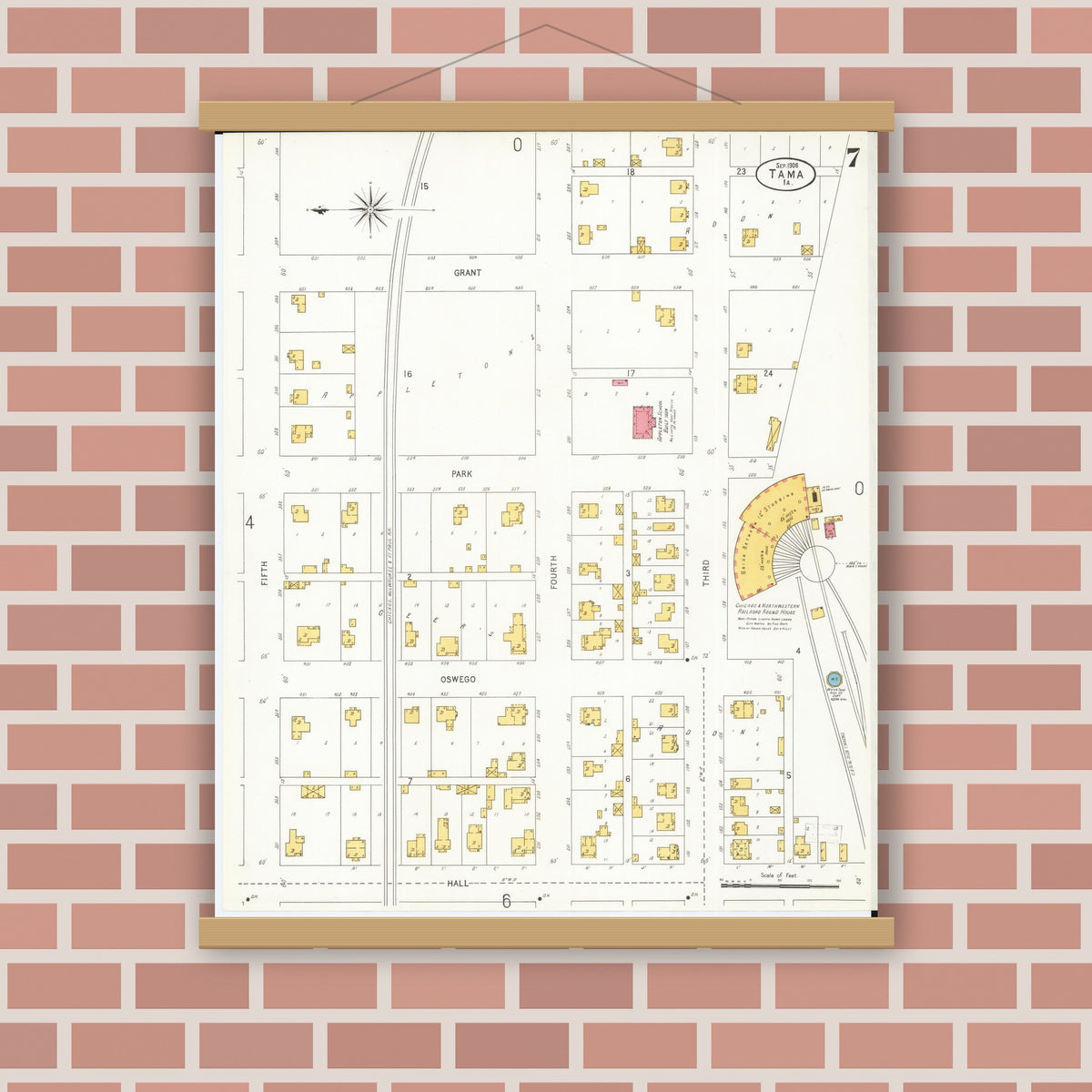 Old map wall art mockup — magnetic wood frame on brick wall — Sanborn Fire Insurance Map from Tama, Tama County, Iowa (1906), Sheet #0007