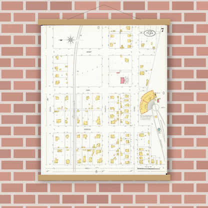 Old map wall art mockup — magnetic wood frame on brick wall — Sanborn Fire Insurance Map from Tama, Tama County, Iowa (1906), Sheet #0007