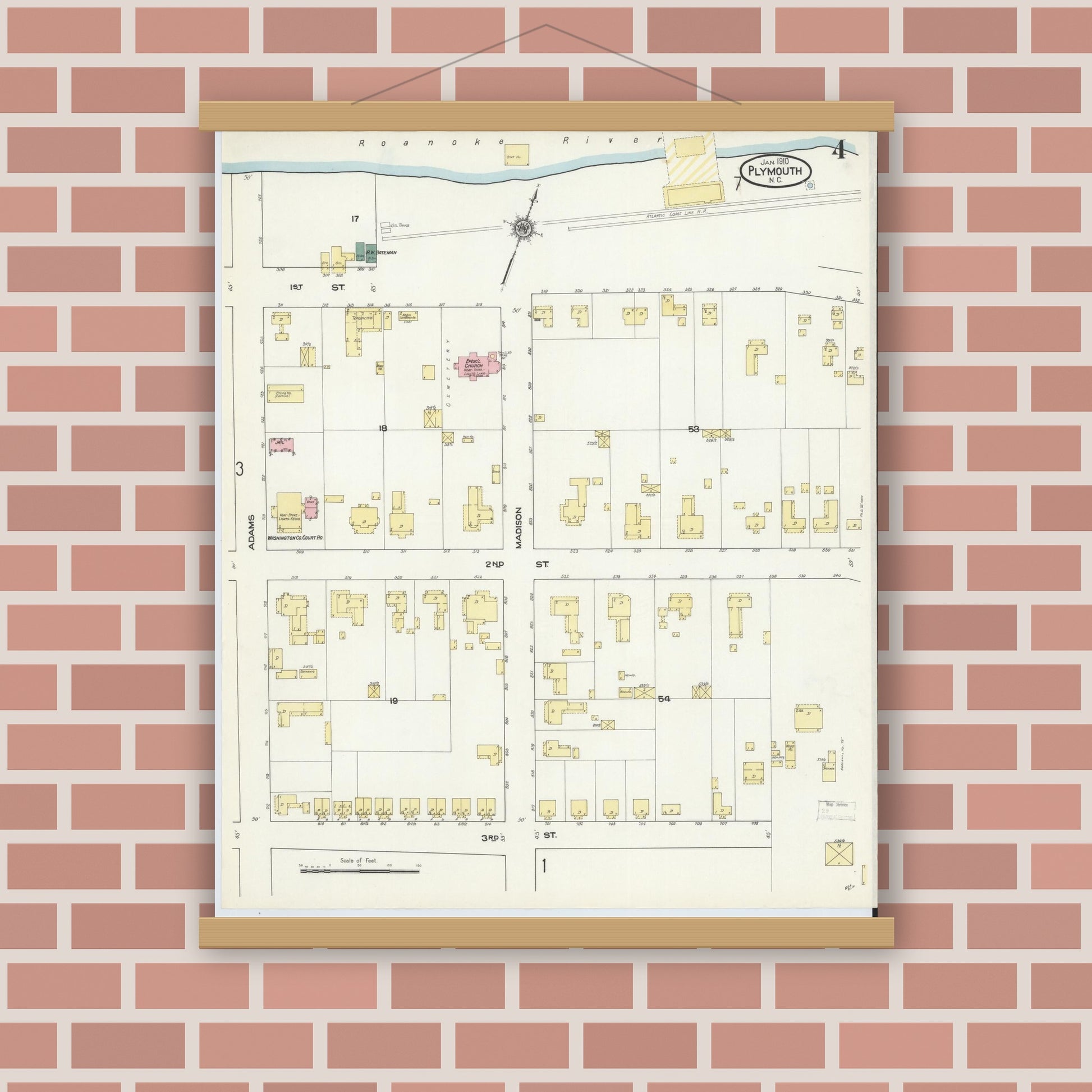 Old map wall art mockup — magnetic wood frame on brick wall — Sanborn Fire Insurance Map from Plymouth, Washington County, North Carolina (1910), Sheet #0004