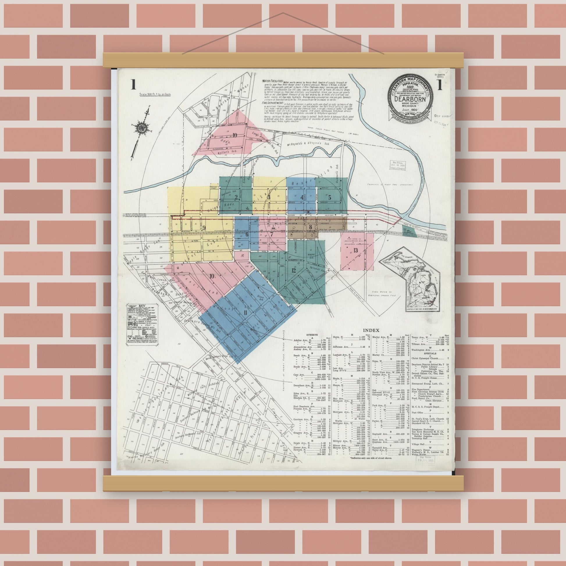 Old map wall art mockup — magnetic wood frame on brick wall — Sanborn Fire Insurance Map from Dearborn, Wayne County, Michigan (1924) - Complete Map Set