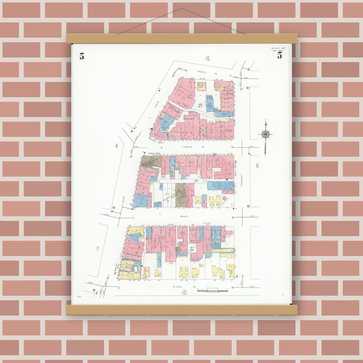 Old map wall art mockup — magnetic wood frame on brick wall — Sanborn Fire Insurance Map from Beloit, Rock County, Wisconsin (1939), Sheet #0005