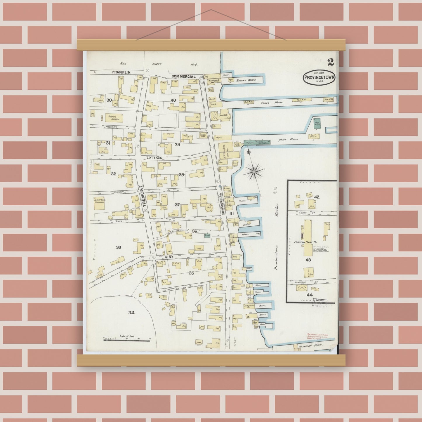 Old map wall art mockup — magnetic wood frame on brick wall — Sanborn Fire Insurance Map from Provincetown, Barnstable County, Massachusetts (1889), Sheet #0002