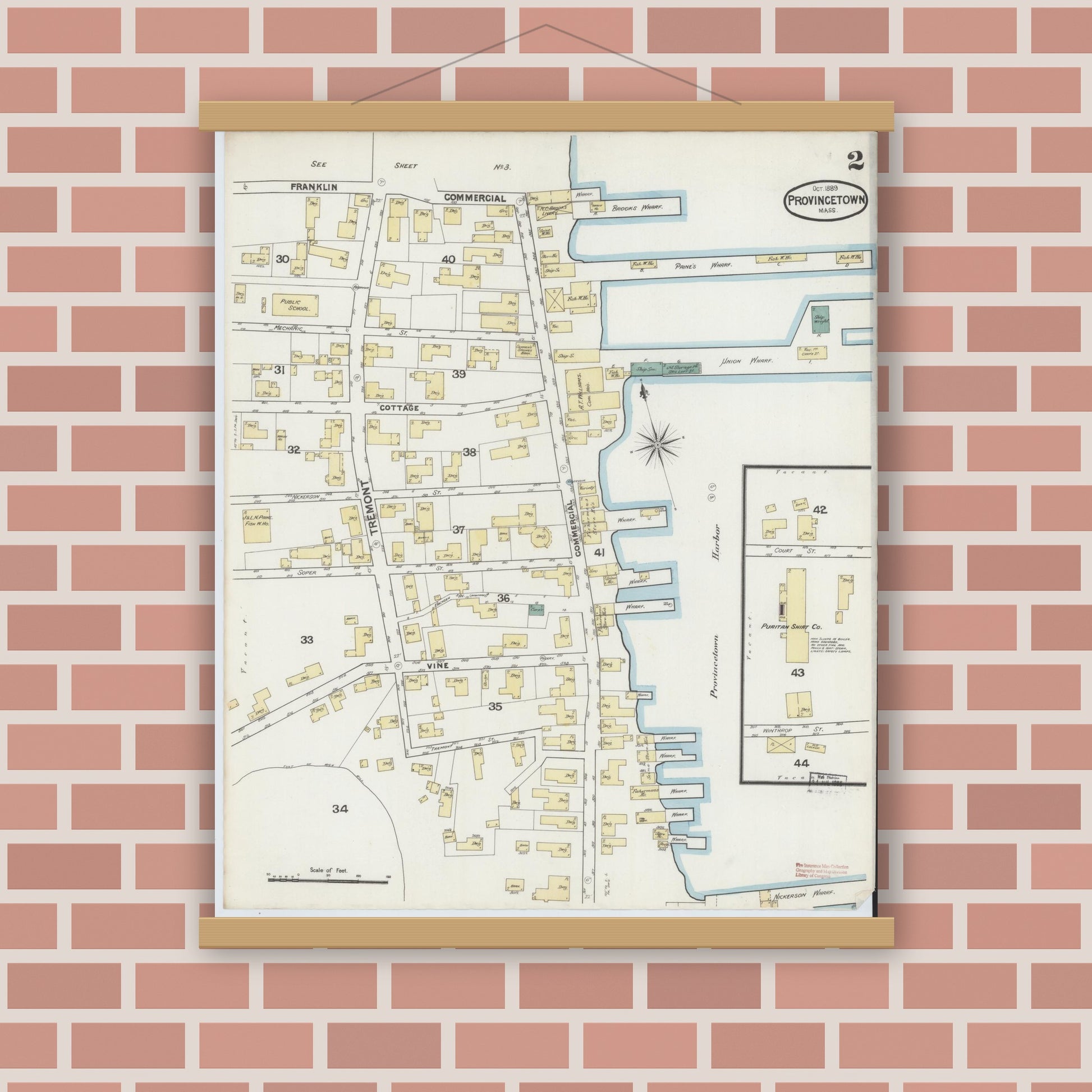 Old map wall art mockup — magnetic wood frame on brick wall — Sanborn Fire Insurance Map from Provincetown, Barnstable County, Massachusetts (1889), Sheet #0002