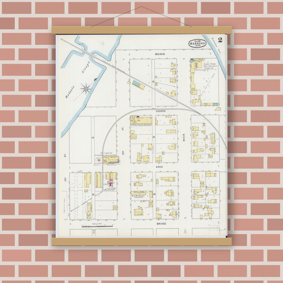 Old map wall art mockup — magnetic wood frame on brick wall — Sanborn Fire Insurance Map from Wabasha, Wabasha County, Minnesota (1895), Sheet #0002
