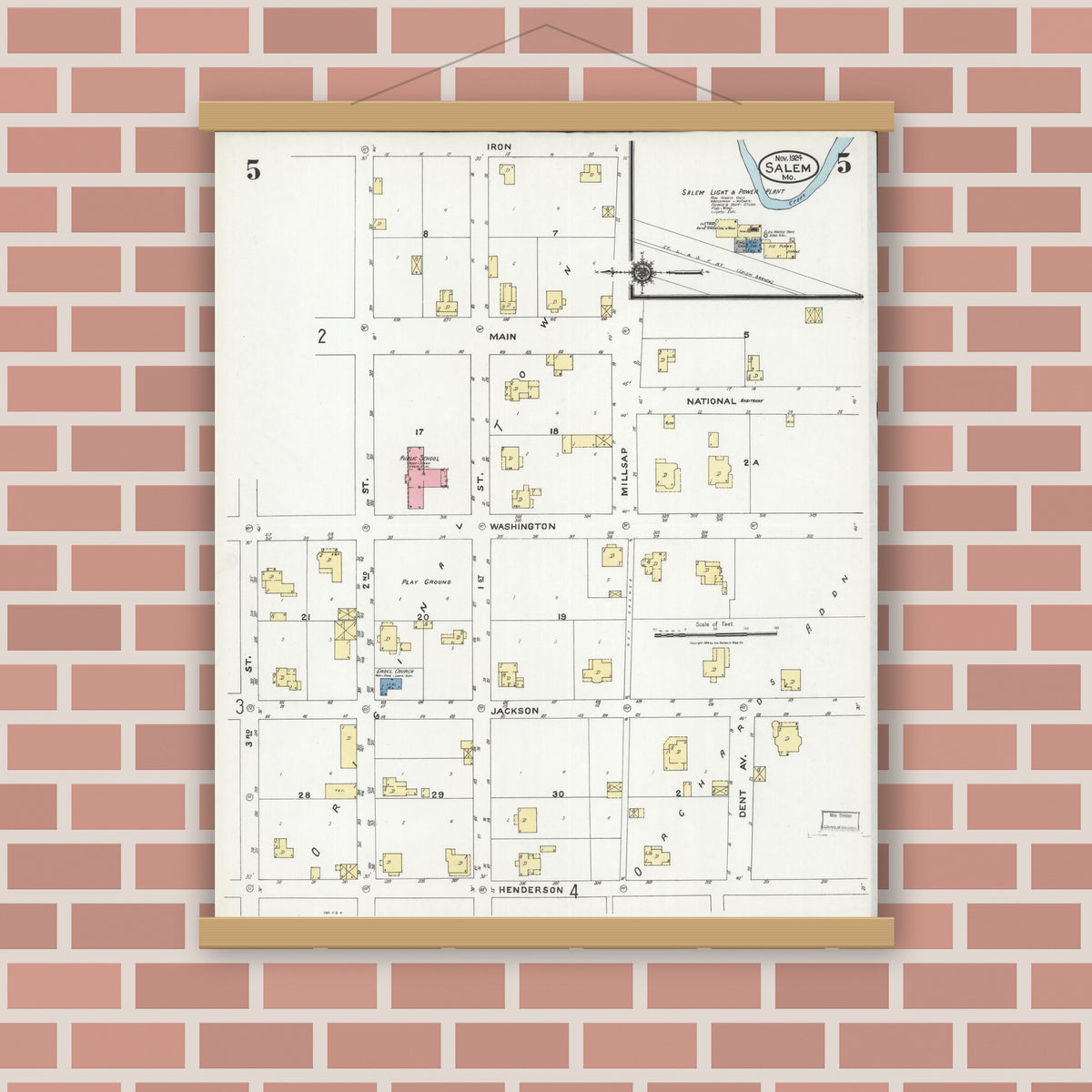Old map wall art mockup — magnetic wood frame on brick wall — Sanborn Fire Insurance Map from Salem, Dent County, Missouri (1924), Sheet #0005