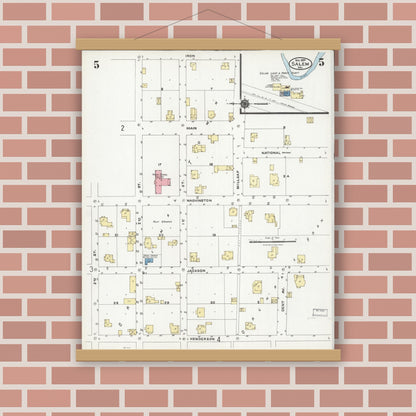 Old map wall art mockup — magnetic wood frame on brick wall — Sanborn Fire Insurance Map from Salem, Dent County, Missouri (1924), Sheet #0005